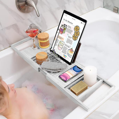 Homemaid Living Luxury Bamboo Bath Tray for Bathtub - Expandable Bathroom Caddy with Reading Rack or Tablet Holder, Premium Bath Tray with Wine Glass Holder, Fits All Bathtubs (White)
