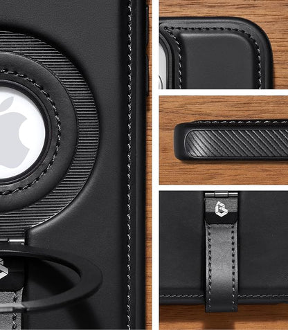 for iPhone 16 Leather Case with Stand, Anti-Slip Grip Ring, Fits for MagSafe (Black, iPhone 16)