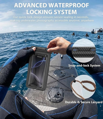 Diving Phone Case for iPhone 17 16 15 14 13 Pro Max Galaxy S25 S24 S23 Ultra, 50ft/15m Professional Waterproof Underwater Case with Real Touchscreen, Universal Camera Housing for Snorkeling (Black)