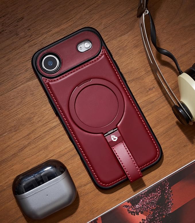 for iPhone Air Leather Case with Stand, Anti-Slip Grip Ring, Fits for MagSafe (Burgundy, iPhone Air)