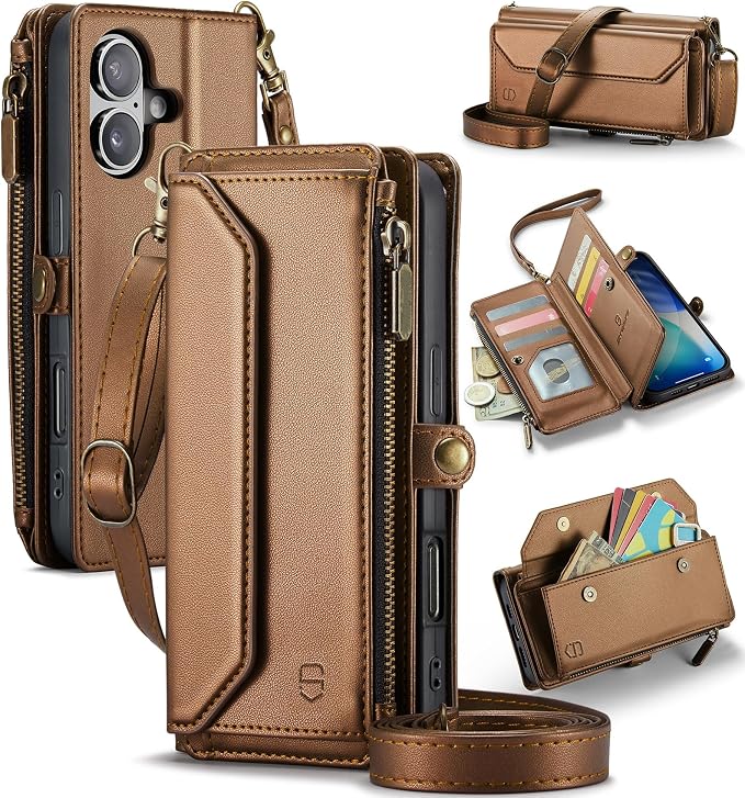 Strapurs Wallet Case Compatible with iPhone 17 6.3" RFID Blocking 9-Card Holder Soft PU Leather Magnetic Snap Shoulder Strap Zipper Pocket Phone Case Fit for iPhone 17 for Women - Brown