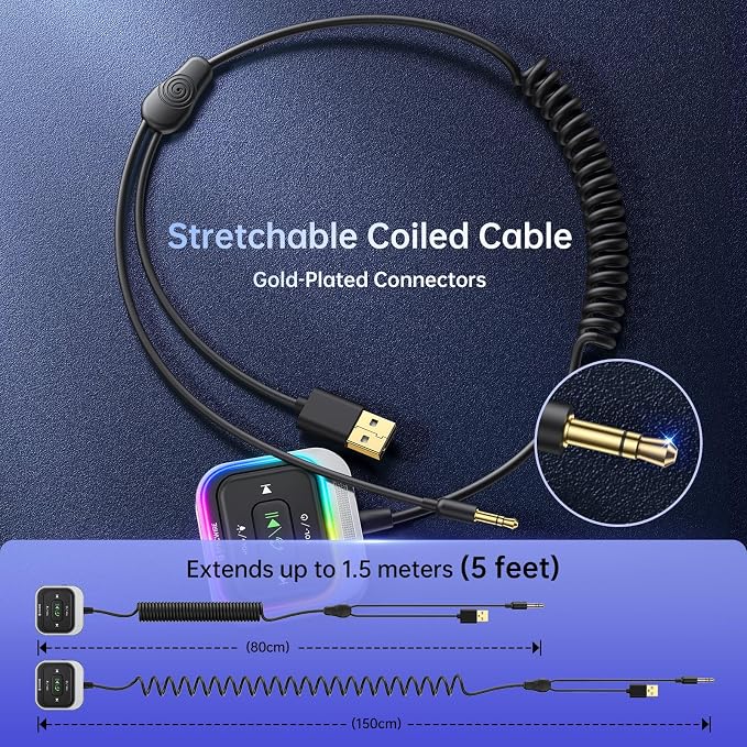 Syncwire Bluetooth 5.4 Receiver 3.5mm Aux Car Adapter Bluetooth Receiver Car Kit with Coiled Cable [Large Mic Noise Cancellation] [Hands-Free Calling] [HiFi Deep Bass] [Colorful Light Switch]