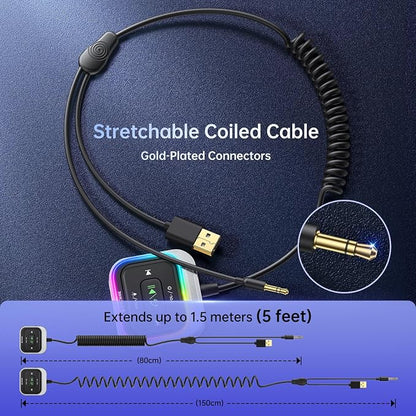 Syncwire Bluetooth 5.4 Receiver 3.5mm Aux Car Adapter Bluetooth Receiver Car Kit with Coiled Cable [Large Mic Noise Cancellation] [Hands-Free Calling] [HiFi Deep Bass] [Colorful Light Switch]