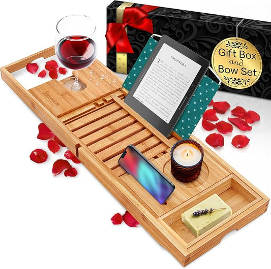 SereneLife Premium Bathtub Tray Caddy with Gift Box and Bow Set, Expandable Bath Tray, Unique House Warming Gifts for Mom, Women, Wedding, Anniversary, Bridal Shower, Fit for All Tub - Classic