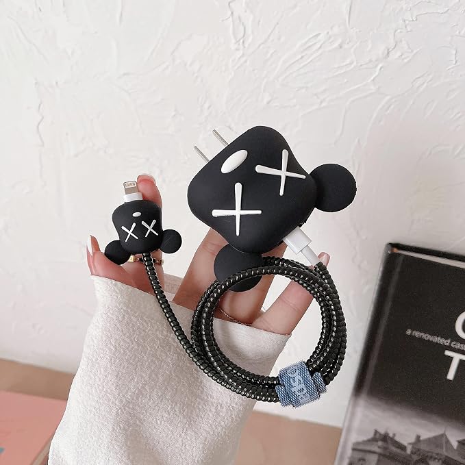 3D Cute Cartoon Charger Protector Case - Compatible for Apple 20W USB-C Power Adapter and Lightning Cable (Black Bear)
