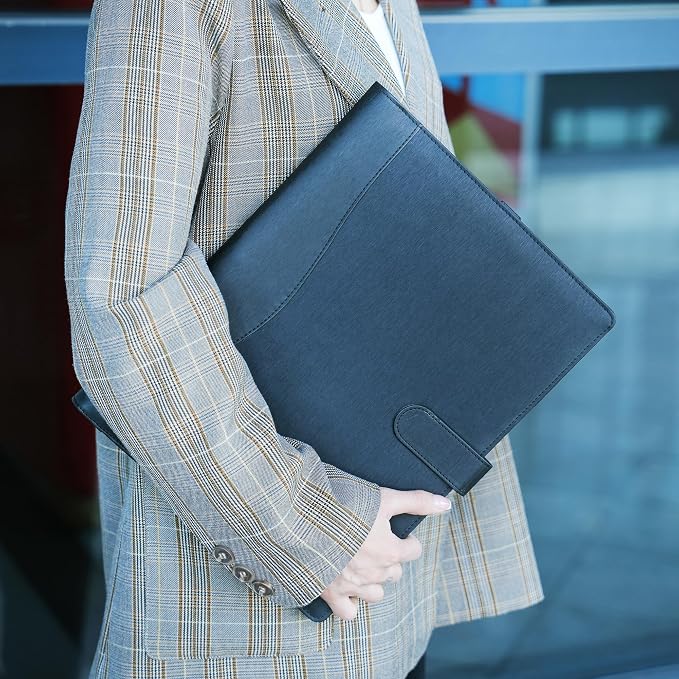 Wonderpool A4 PU Leather Portfolio Holder Ring File Document Case with Removable Binder Clipboard, Multi Pocket and Legal Pad for Business Organizer Interview and Meeting (Gray)