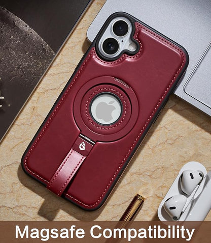 for iPhone 16 Leather Case with Stand, Anti-Slip Grip Ring, Fits for MagSafe (Burgundy, iPhone 16)