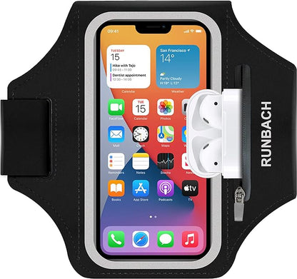 Armband for iPhone 17/17 Pro/16/16 Pro/15/15 Pro/14/14 Pro/13/13 Pro/13 Mini/12/12 Pro/12 Mini/11/11 Pro/XR/XS/X/SE,Water Resistant Armband with Zipper Slot for Airpods and Car Key (Black)