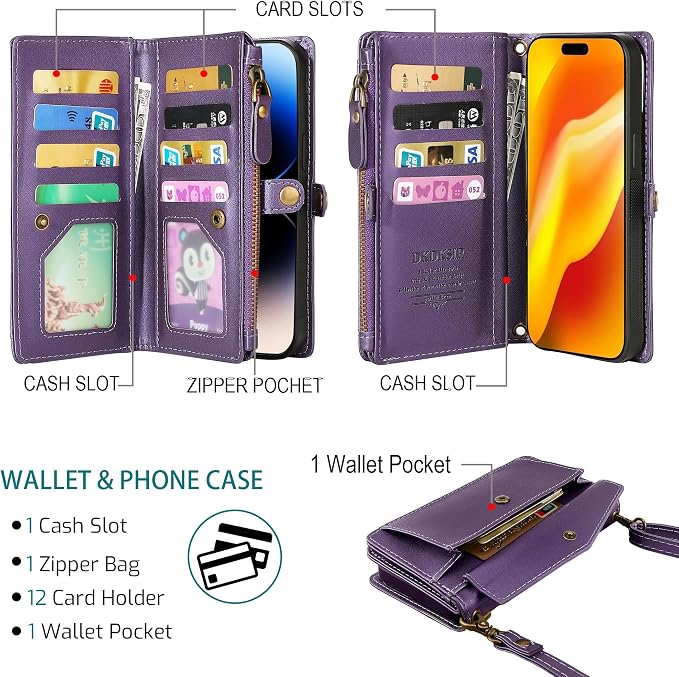 Compatible with iPhone 17 Pro 6.3" Wallet Case with RFID Blocking Card Holder for Women, PU Leather Flip Zipper Wallet Detachable Magnetic Phone Case Crossbody Strap, Purple