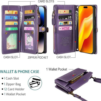 Compatible with iPhone 17 Pro 6.3" Wallet Case with RFID Blocking Card Holder for Women, PU Leather Flip Zipper Wallet Detachable Magnetic Phone Case Crossbody Strap, Purple