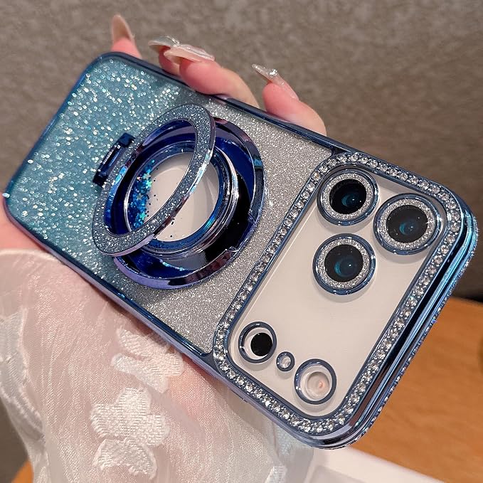 Glitter Kickstand Case for iPhone 17 Pro Max,Cute Bling Sparkly Diamond Rhinestones with Camera Lens Protector Liquid Flowing Ring Stand TPU Bumper Women Girls Case for iPhone 17 Pro Max,Blue