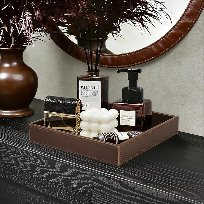 HofferRuffer Faux Leather Vanity Tray, Elegant Desktop Storage Organizer, Decorative Catchall for Perfume, Bathroom Valet, Nightstand or Dresser, 10 x 10 x 1.8 inches (Brown)