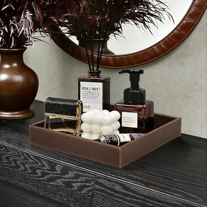 HofferRuffer Faux Leather Vanity Tray, Elegant Desktop Storage Organizer, Decorative Catchall for Perfume, Bathroom Valet, Nightstand or Dresser, 10 x 10 x 1.8 inches (Brown)