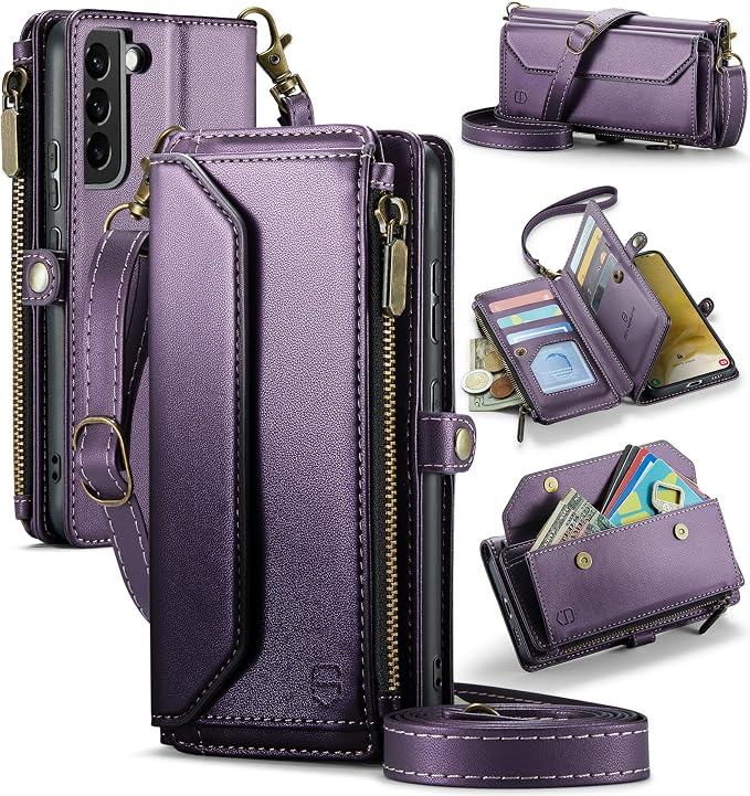 Strapurs Crossbody Wallet Case Compatible with Samsung Galaxy S22 Plus RFID Blocking Card Holder Soft PU Leather Magnetic Snap Strap Zipper Pocket Phone Case Fit for Galaxy S22+/ S22 Plus - Purple