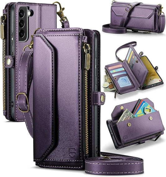 Strapurs Crossbody Wallet Case Compatible with Samsung Galaxy S22 Plus RFID Blocking Card Holder Soft PU Leather Magnetic Snap Strap Zipper Pocket Phone Case Fit for Galaxy S22+/ S22 Plus - Purple