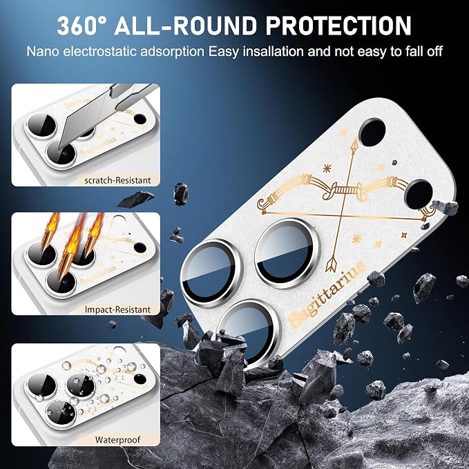 Compatible for iPhone 17 Pro Camera Lens Protector, Capricorn Pattern, Drop Protection, Anti Scratch Full-Coverage, AR 360-Degree Protection, Camera Transmfttance HD, Easy Installation, Silver