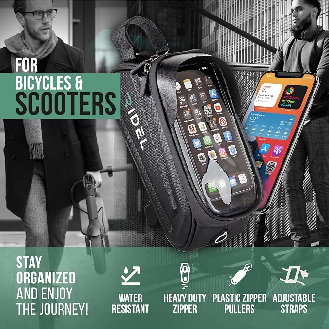 Ridel Bike Phone Holder Bag with Sensitive Touch - Upto 6.8" Waterproof Front Frame Phone Holder for Bike - Bike Bag with 3 Adjustable Straps & Headphone Hole
