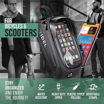 Ridel Bike Phone Holder Bag with Sensitive Touch - Upto 6.8" Waterproof Front Frame Phone Holder for Bike - Bike Bag with 3 Adjustable Straps & Headphone Hole