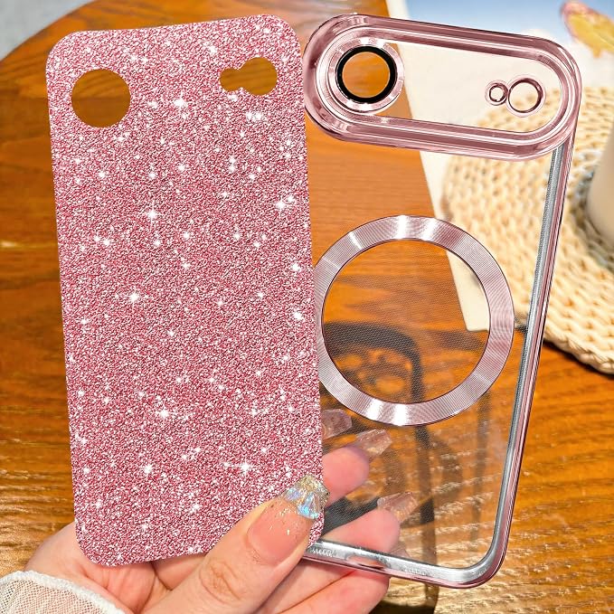Hython for iPhone Air Case Glitter Clear Magnetic Phone Cases [Compatible with MagSafe] Full Camera Lens Protector Sparkle Luxury Plating Slim Shockproof Protective Cover Women, Pink