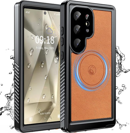GOLDJU 2025 New Designed for S24 Ultra Leather Case Waterproof, [Built-in Screen Protector, ][Compatible with MagSafe] Full Body Shockproof Protective Cover for Samsung Galaxy S24 Ultra 6.8'' - Brown
