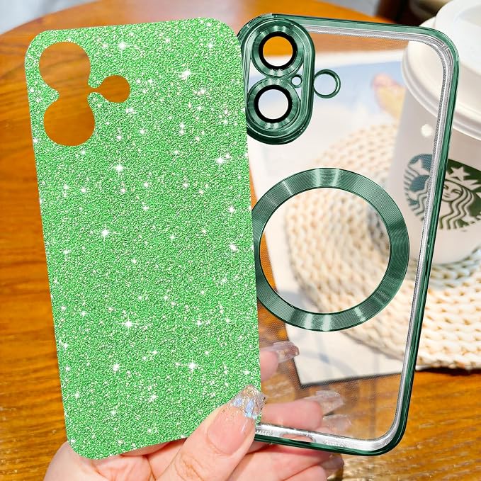 Hython for iPhone 17 Case Glitter Clear Magnetic Phone Cases [Compatible with MagSafe] Full Camera Lens Protector Sparkle Luxury Plating Slim Shockproof Protective Cover Women, Green