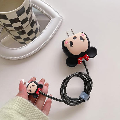 3D Cute Cartoon Charger Protector Case - Compatible for Apple 20W USB-C Power Adapter and Lightning Cable (Black MouseB)
