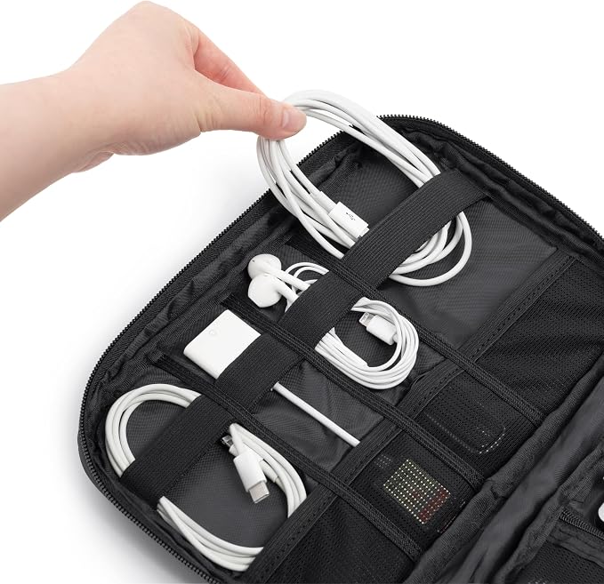 PAVILIA Travel Cord Organizer Case for Cables & Chargers, Black | 10 x 6.8 x 1.7 in 600D water-repellent electronics bag pouch with 7 loops, 5 mesh pockets, front zip pocket and dual zippers