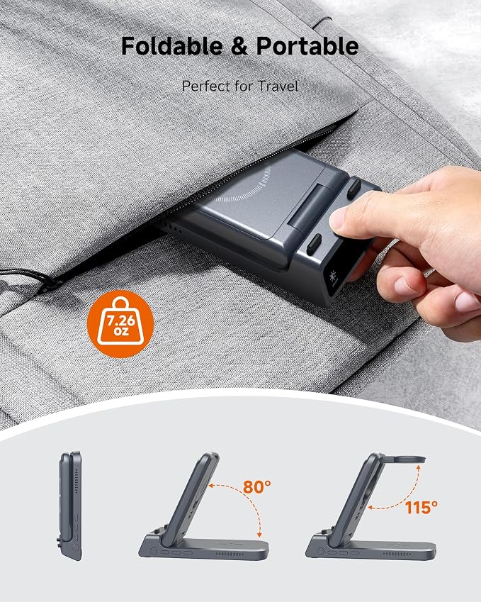 Charging Station for iPhone Air/17, SwanScout 703A, Wireless Charger for iPhone 16/15/14/13/12/11 Series, for Apple Watch 10/Ultra 2/9/8/7/SE 2, for Airpods Pro 3, Foldable and Portable (Tech Grey)