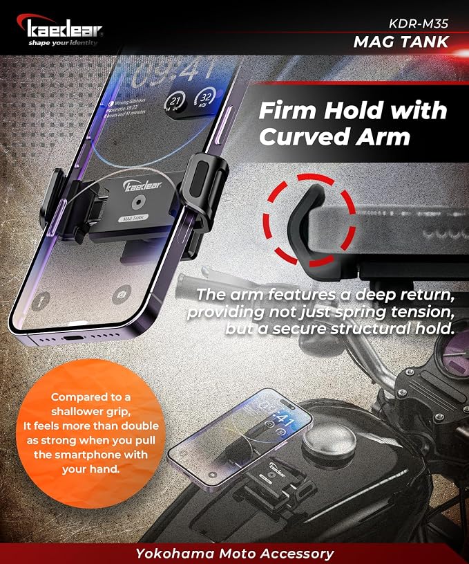 Kaedear Motorcycle Magnetic Phone Holder, Strong Neodymium Magnet, Aluminum, Stainless Steel Extension Arms, 360° Rotation, Scratch Protection, Mag Tank KDR-M35