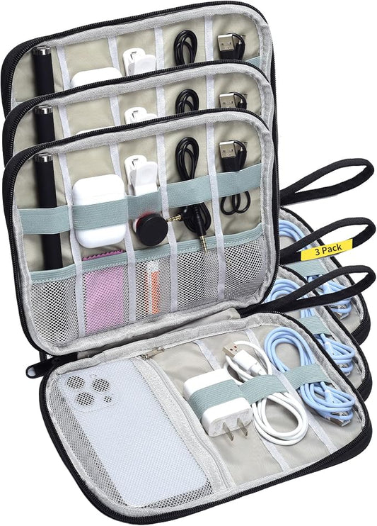 3 Pack Electronics Travel Organizer Case for Chargers and Cords | Small Travel Cable Organizer Pouch Electronic Accessories Carry Case for Power Bank, SD Card, Phone, Earphone Black
