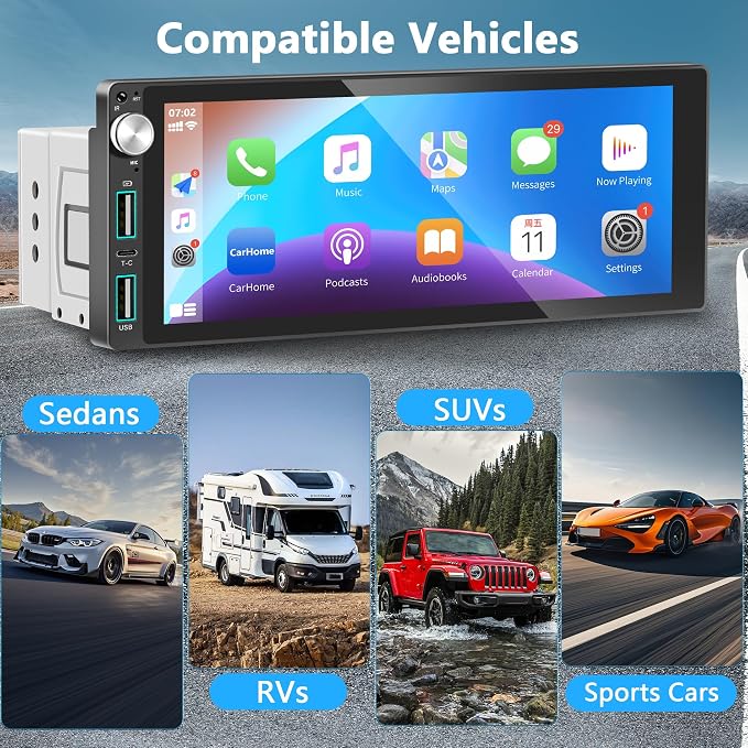 Single Din Car Stereo with Apple Carplay Android Auto,6.9 Inch IPS Touchscreen, 1 Din Car Audio Receivers wtih Bluetooth Handsfree/FM/AM/Dual USB/Type-C/EQ/SWC/GPS Navigation/Backup Camera/Microphone