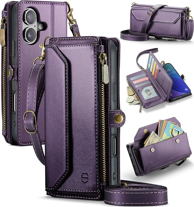 Strapurs Wallet Case Compatible with iPhone 16 Plus 6.7" RFID Blocking 10-Card Holder Soft PU Leather Magnetic Snap Shoulder Strap Zipper Pocket Phone Case Fit for iPhone 16 Plus - Purple