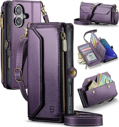Strapurs Wallet Case Compatible with iPhone 16 Plus 6.7" RFID Blocking 10-Card Holder Soft PU Leather Magnetic Snap Shoulder Strap Zipper Pocket Phone Case Fit for iPhone 16 Plus - Purple