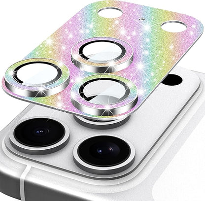 Suoman for iPhone 17 Pro Camera Lens Protector, [All-in-one] [Strong-Adhesion] Bling Glitter Independent Metal Frame Tempered Glass Camera Lens Cover -Colorful