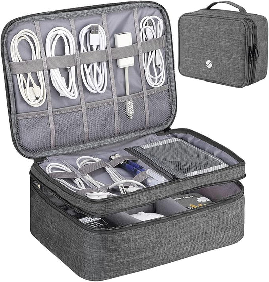 ORIENT FAMULAY Travel Organizer, Waterproof Cable Bag for Electronic Accessories Double Layer Large Shockproof Storage Bag for Cord, Hard Disk, Power Bank, Tablet -Gray
