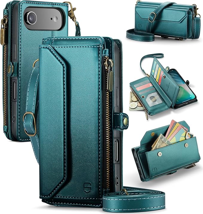 Strapurs Wallet Case Compatible with iPhone Air 6.5" RFID Blocking 10-Card Holder Soft PU Leather Magnetic Snap Shoulder Strap Zipper Pocket Phone Case Fit for iPhone 17 Air for Women - Blue Green
