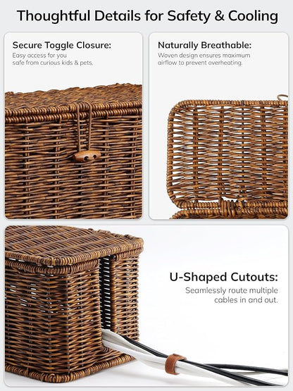 BROWNLILY Rattan Wire Storage Box, Handmade Cord Organizer for Desk Cord Hider Outlet Covers for Power Strip TV PC Router Charger Under Desk Cable Management Box