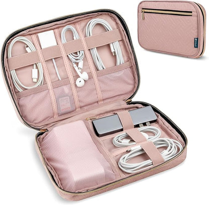 PAVILIA Travel Cord Organizer Case for Cables & Chargers, Pink Quilt | 10 x 6.8 x 1.7 in 600D water-repellent electronics bag pouch with 7 loops, 5 mesh pockets, front zip pocket and dual zippers