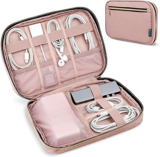PAVILIA Travel Cord Organizer Case for Cables & Chargers, Pink Quilt | 10 x 6.8 x 1.7 in 600D water-repellent electronics bag pouch with 7 loops, 5 mesh pockets, front zip pocket and dual zippers