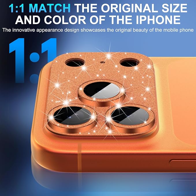 Suoman for iPhone 17 Pro Camera Lens Protector, [All-in-one] [Strong-Adhesion] Bling Glitter Independent Metal Frame Tempered Glass Camera Lens Cover -Orange