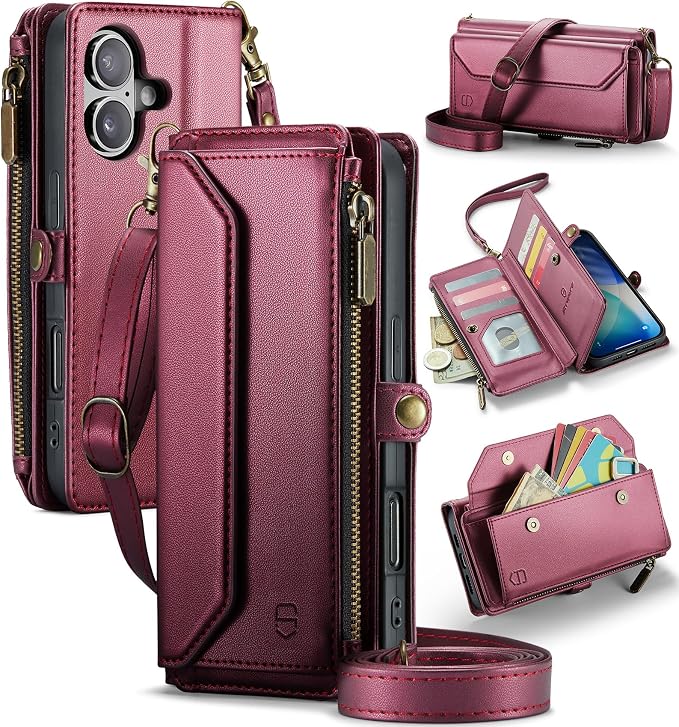 Strapurs Wallet Case Compatible with iPhone 17 6.3" RFID Blocking 9-Card Holder Soft PU Leather Magnetic Snap Shoulder Strap Zipper Pocket Phone Case Fit for iPhone 17 for Women - WineRed