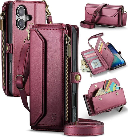 Strapurs Wallet Case Compatible with iPhone 17 6.3" RFID Blocking 9-Card Holder Soft PU Leather Magnetic Snap Shoulder Strap Zipper Pocket Phone Case Fit for iPhone 17 for Women - WineRed