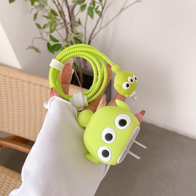 3D Cute Cartoon Charger Protector Case - Compatible for Apple 20W USB-C Power Adapter and Lightning Cable, No.04(4in1)