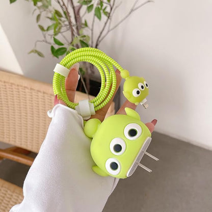 3D Cute Cartoon Charger Protector Case - Compatible for Apple 20W USB-C Power Adapter and Lightning Cable, No.04(4in1)