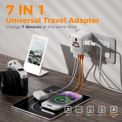 TESSAN Universal Travel Adapter, International Power Adapter | Extra 2 Prong AC Outlet, 5 USB Ports (3 USB C), 28W, Worldwide Plug for US to Europe UK Australia Ireland, Type C G A I