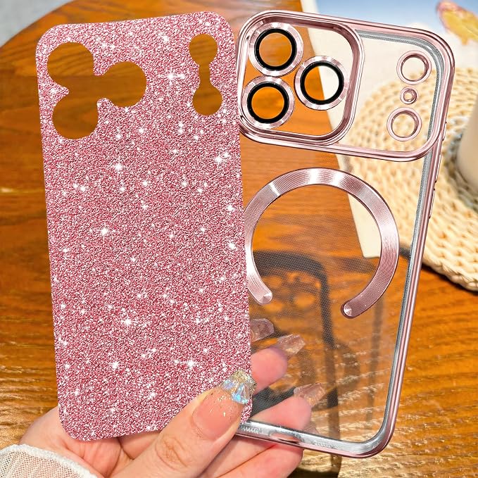 Hython for iPhone 17 Pro Case Glitter Clear Magnetic Phone Cases [Compatible with MagSafe] Full Camera Lens Protector Sparkle Luxury Plating Slim Shockproof Protective Cover Women, Pink