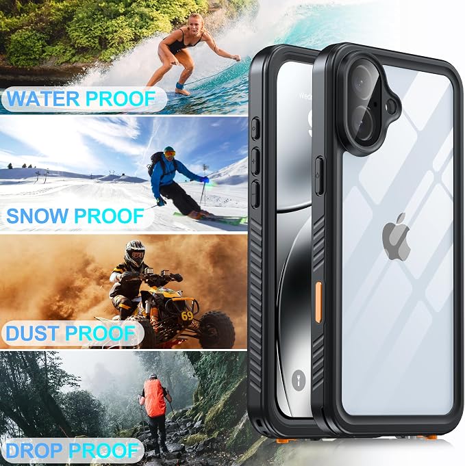 for iPhone 16 Plus Case Waterproof, Built-in Privacy Screen & HD Screen Double Front Frame [IP68 Underwater] Shockproof Dustproof Full Body Protection iPhone 16 Plus Phone Case Black