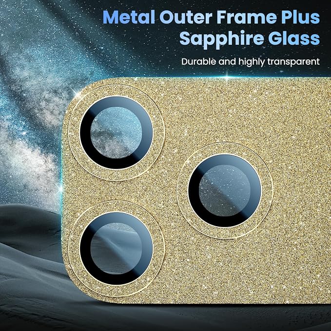 Uyiton for iPhone 17-Pro Camera-Lens Protector: Bling [Not Easy to Break][Strong Adsorption][Case-Friendly] Metal Tempered Glass Rear Camera Screen Cover - Glitter Gold