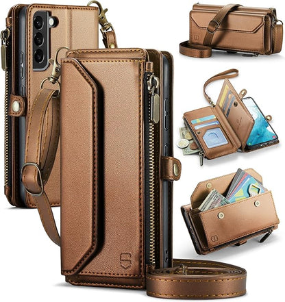 Strapurs Crossbody Wallet Case Compatible with Samsung Galaxy S22 5G RFID Blocking Card Holder Soft PU Leather Magnetic Snap Shoulder Strap Zipper Pocket Phone Case Fit for Galaxy S22 6.1" - Brown