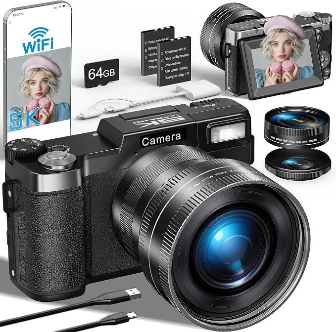 FLATIC 5K Digital Camera with WiFi, Cameras for Photography with 180°Flip Screen, Vlogging Camera with 64GB Card, Battery, Camera for Beginner, Teens